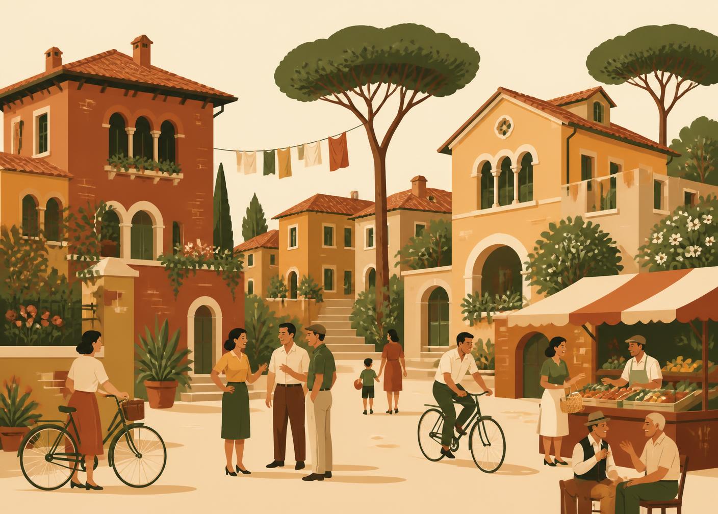 Illustrazione dei villini, della piazza e del mercato della Garbatella
